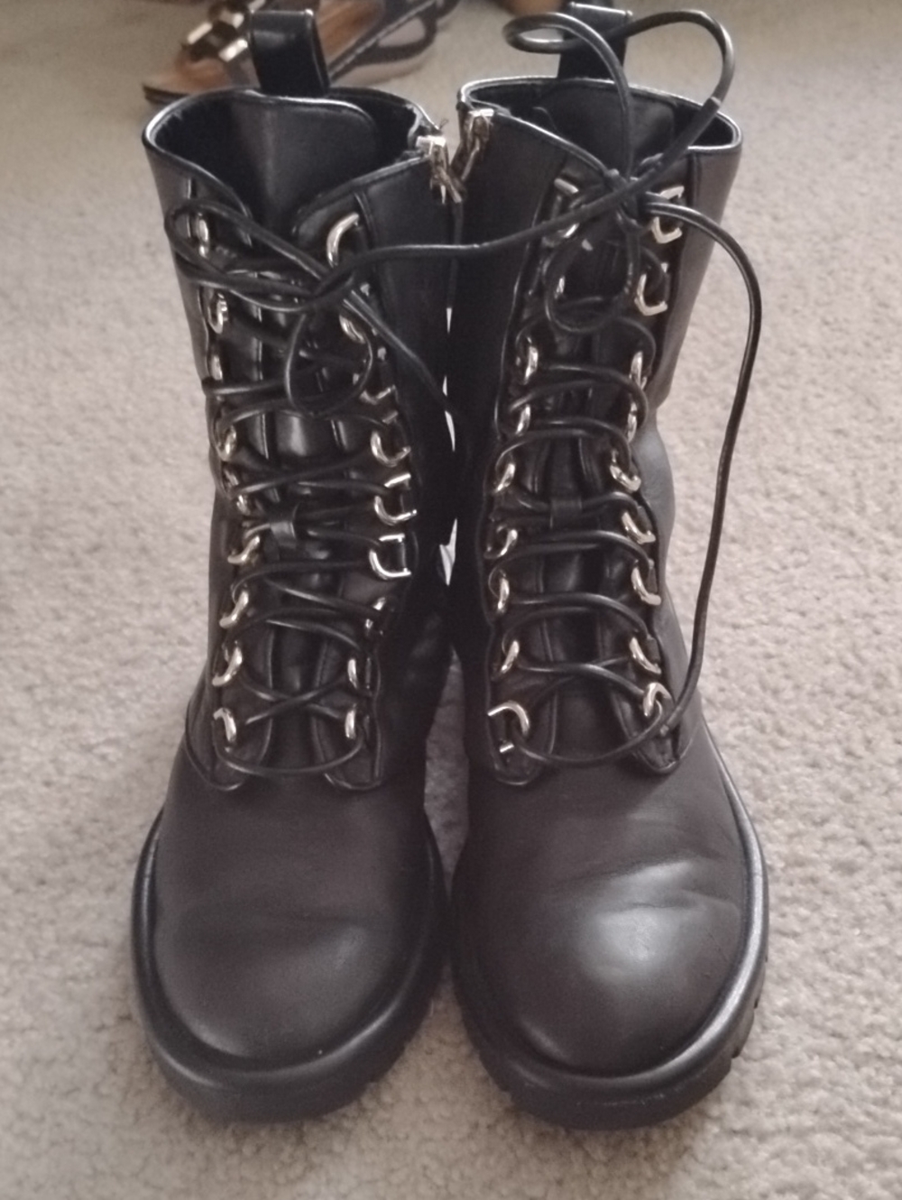 Zara Black Lace-Up Combat Boots with Metal Eyelets Made In Vietnam